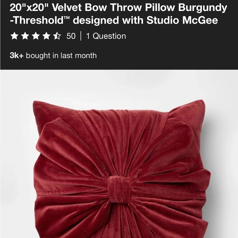 20x20” VELVET BOW THROW PILLOW BURGUNDY‎ STUDIO MCGEE